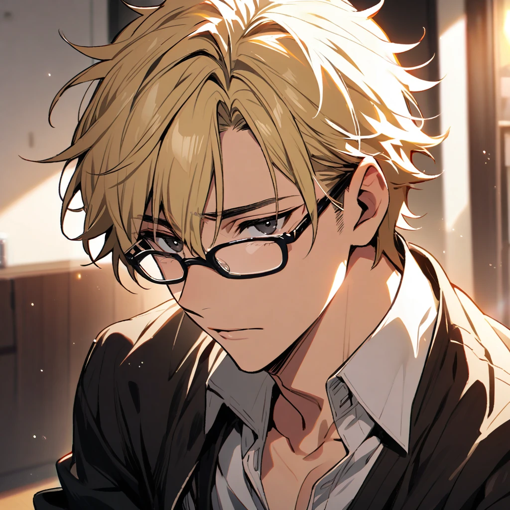 Male, solo, handsome, blond hair, black eyes, glasses, innocent