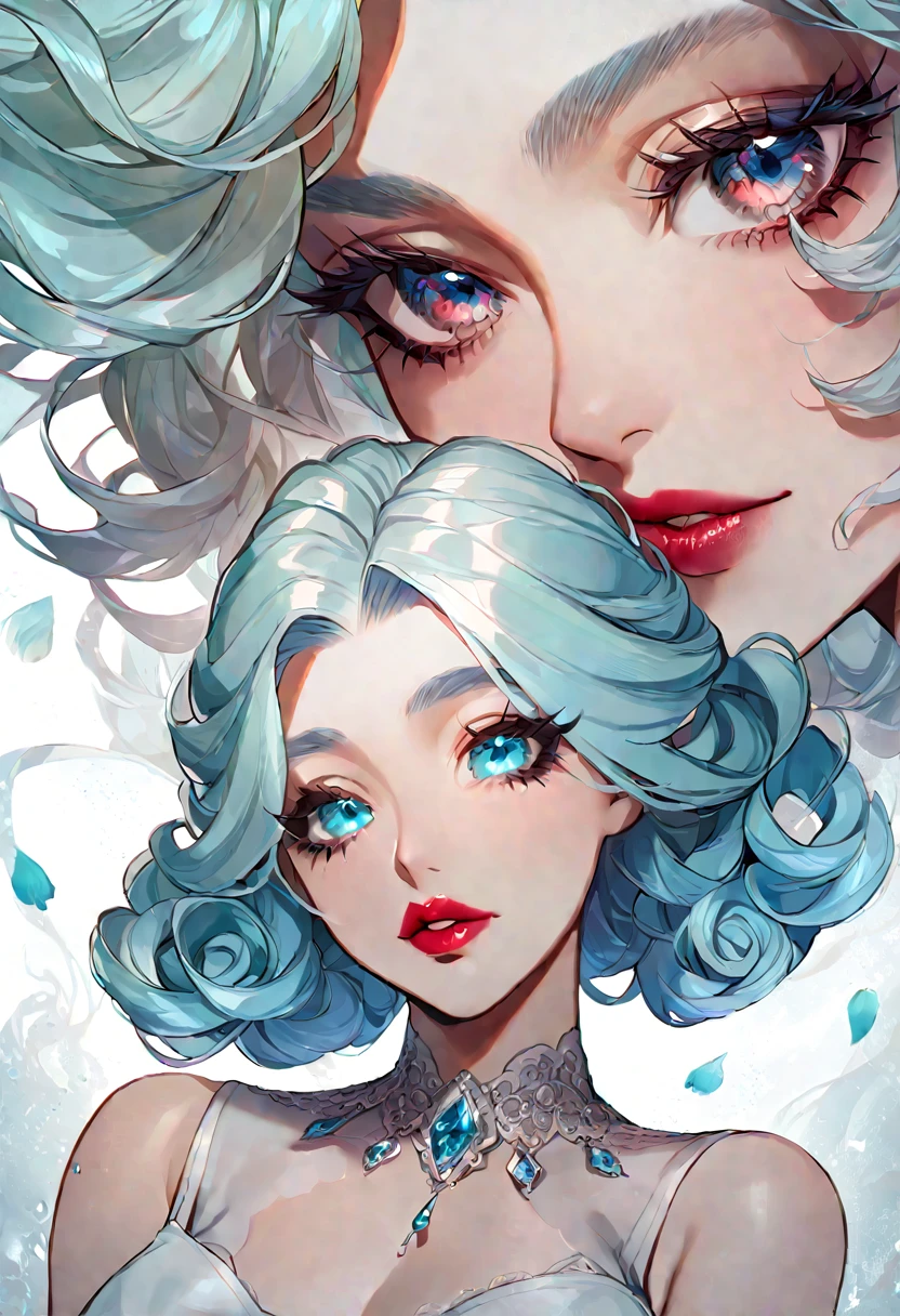 Light blue hair, turquoise eyes, long eyelashes, big red lips, apricot eyes, beauty, girly, curly hair, princess