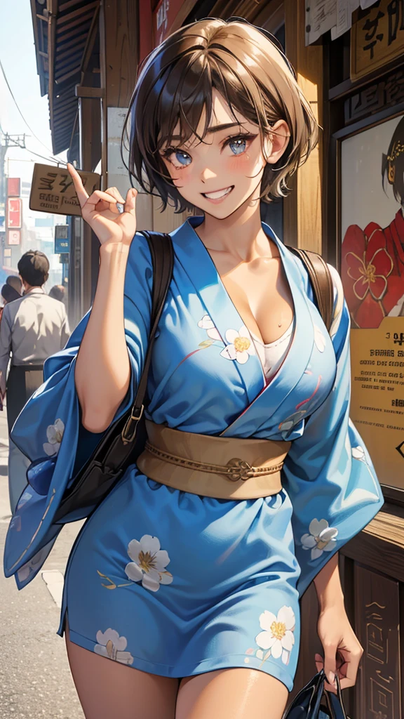 perfect ???????:1.2)(absurdres, highres, ultra detailed),masterpiece,best quality,high resolution,8k,Realistic face,Realistic skin texture,magnified textures, stunning clarity,detailed anime girl,(ultra detailed eyes and face),(14 years old:1.2),(baby face:1.2),japanese girl,floral printed blue yukata,、(very short hair),(two side up)、tareme,light brown hair:1.2,kanzashi、glamor、short stature、、(bust up:1.4),Steampunk in the Edo Period、(Vivid hieroglyph signs and street advertisements:1.2)、busy、(grin:1.4)(worried1.4),、hieroglyph,souk、Shopping Street、,(tanned skin:1.4),big breasts,look up viewer,round face,Shoulder Bare,(from front:1.2),(cleavage cutout),busy