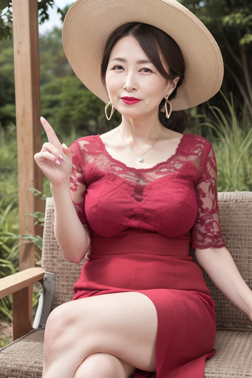 Browsing Caution, Beautiful mature Japanese woman aged 55, Married women, ring, Fine Lines, Long eyelashes, Low Ponytail, Red lipstick, Large Breasts, Pearl Necklace, Earrings, Red lipstick, Straw hat, Sexy Dress, Crossing your legs, Panty shot, Put your finger in your mouth, Suck your finger, Functional, forest, Mountain