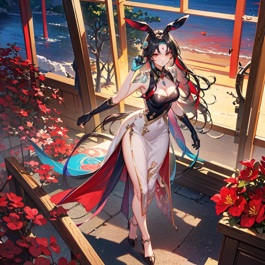 (((best quality))), ((ultra-detailed)), ((an extremely delicate and beautiful)), ((16k)), realistic, hd, cgi, gleaming hair, gleaming skin, gleaming dress, Character focus, solo, stylish pose, strong light coming in, sharp focus, illustration, game cg, anime, solo, curvy, (big breasts:1.3), forehead, ( Chinese Lace Up Cheongsam Open Chest Bodycon Dress High Slit Qipao mini), faste collarbone, (belly:0.9), standing, leaning forward, hand reaching viewer, looking at viewer, ocean, flower hair ornament, accessories, backlighting, shiny skin, shiny body, chibi, gloves, necklace, jewelry, black-brown hair, bead necklace, red faded into black colored hair, brown eyes, long hair, black bunny ears, red ubre hair, red black hair, more red hair streaks, smaller dress, feet reaching viewer