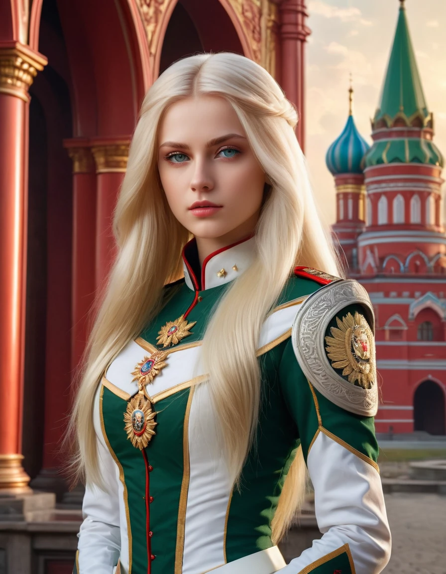 very attractive 25 year old girl with long platinum blonde hair, strict woman, sharp feautures, slavic phenotype, hazel green eyes, palace background, russian imperial military unfiorm, portrait, 19th century, realism, sci-fi elements, standing, (perfect hands, perfect anatomy), hyper-detailed, realistic skin texture, shiny skin, tall girl, (perfect hands, perfect anatomy), digital art, wallpaper, ultra high res, (photorealistic:1.4), looking at viewer, cinematic, very realistic