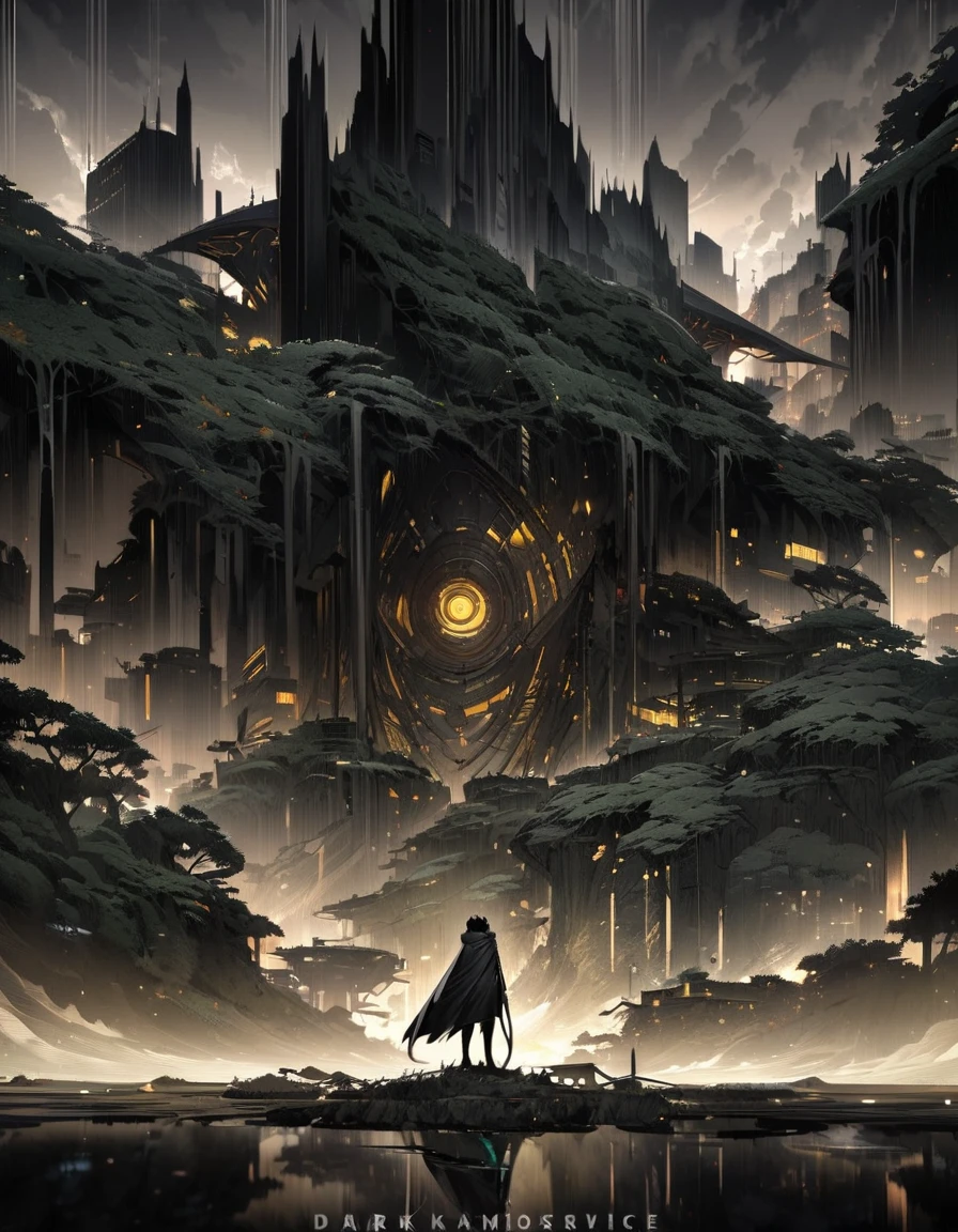 (dark modernistic landscape), insect girl, dark black skin, black skin, smooth skin, ((black dividing lines on skin)), long black hair, long scaly cloak, yellow eyes, articulated body, high-rise buildings, dark green and gray steel lighting, highly detailed art, extremely detailed background