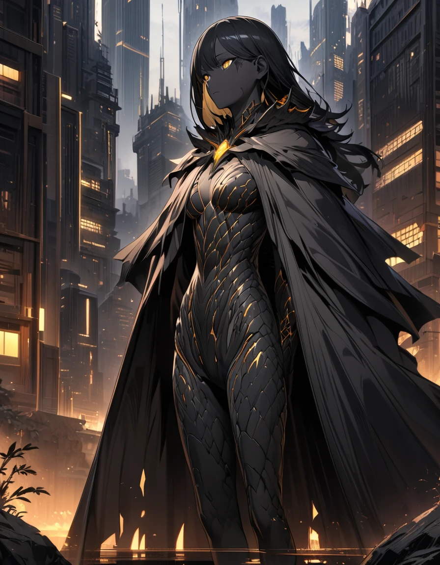 (dark modernistic landscape), insect girl, dark black skin, black skin, smooth skin, ((black dividing lines on skin)), long black hair, long scaly cloak, yellow eyes, articulated body, high-rise buildings, dark green and gray steel lighting, highly detailed art, extremely detailed background