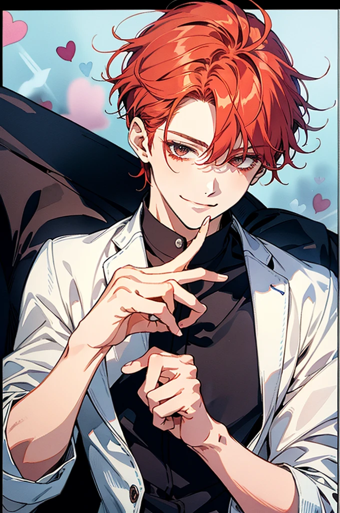 red hair,short hair,clear line drawing, transparent watercolor, clear shading, beautiful young man, slim,finger heart, Fashionable everyday wear, convey love, inner strength, loves it,high quality, Amount to draw, pixiv illustration,smile, {{{man make heart symbol with fingers,make heart symbol with index fingers and middle fingers}}},