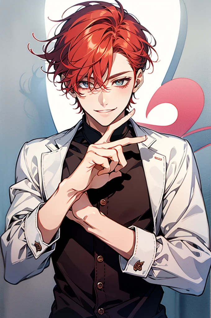 red hair,short hair,clear line drawing, transparent watercolor, clear shading, beautiful young man, slim,finger heart, Fashionable everyday wear, convey love, inner strength, loves it,high quality, Amount to draw, pixiv illustration,smile, {{{man make heart symbol with fingers,make heart symbol with index fingers and middle fingers}}},