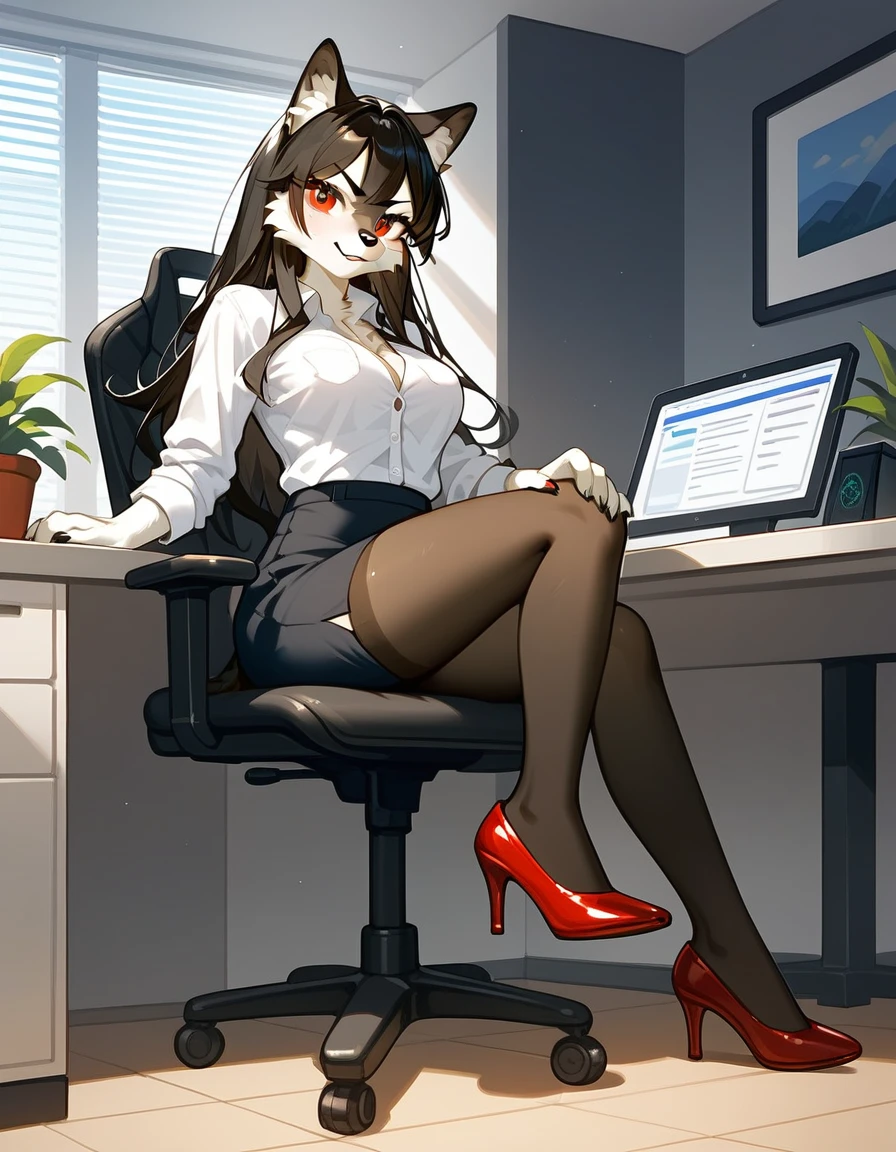 Solo, score_9, score_8_up, score_7_up, score_6_up, score_5_up, score_4_up, source_anime, Anthro furry girl, maned wolf, brown eyes, tall and skinny, long legs, short brown hair, white tips on hair, white highlights on hair, low ponytail. side locks, jitome, bags under eyes, wearing black lingerie, leg garters,  sitting on an office chair, holding a cigarette, legs crossed, in a detectives office, seductive and elegant pose