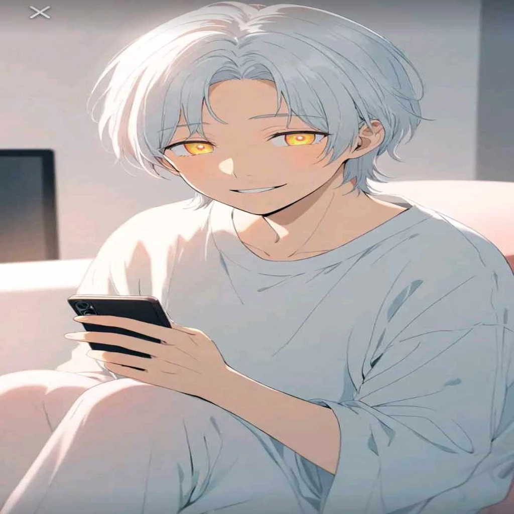 White hair, Hazel eyes, white shirt and jogging pants, holding a phone, smiling, modern living room, sitting on cushion