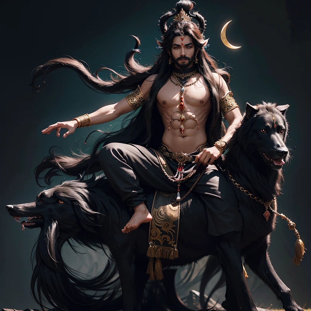 Lord Kalabhairava in Rudra avatar has body, long thick hair and is riding on a black dog.