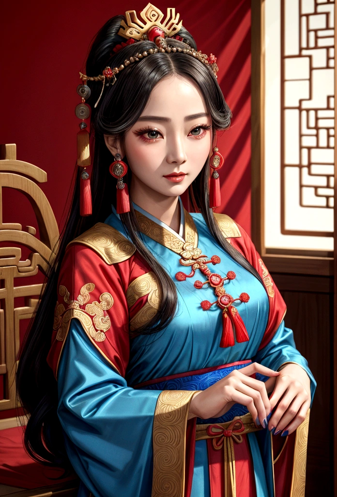 Close up of woman in blue and red dress, Palace , a girl in Hanfu, Hanfu, wearing ancient chinese clothes, chinese style, ancient chinese princess, Works inspired by Lan Ying, chinese princess, beautiful fantasy empress, Princess of an ancient Asian dynasty, chinese costume, Beautiful expression of the Tang Dynasty, Inspired by Qiu Ying, wearing ancient chinese clothes