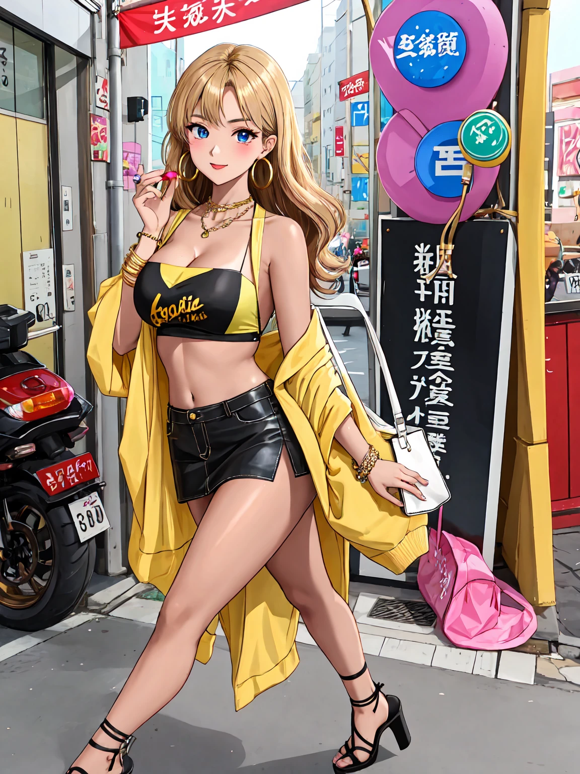 Glamorous gyaru girl from early 2000s Japanese gyaru magazine AGEHA, blonde hair with brown streaks, thick heavy makeup, dark sculpted eyebrows, deeply tanned glowing bronzed skin, miniskirt, midriff-baring croptop, large hoop earrings, arm party with bangles and bracelets, strappy high heeled sandals, holding an oversized yoshikon bag, in a purikura photo sticker style with decorative borders, fisheye lens warp, neon color graffiti text