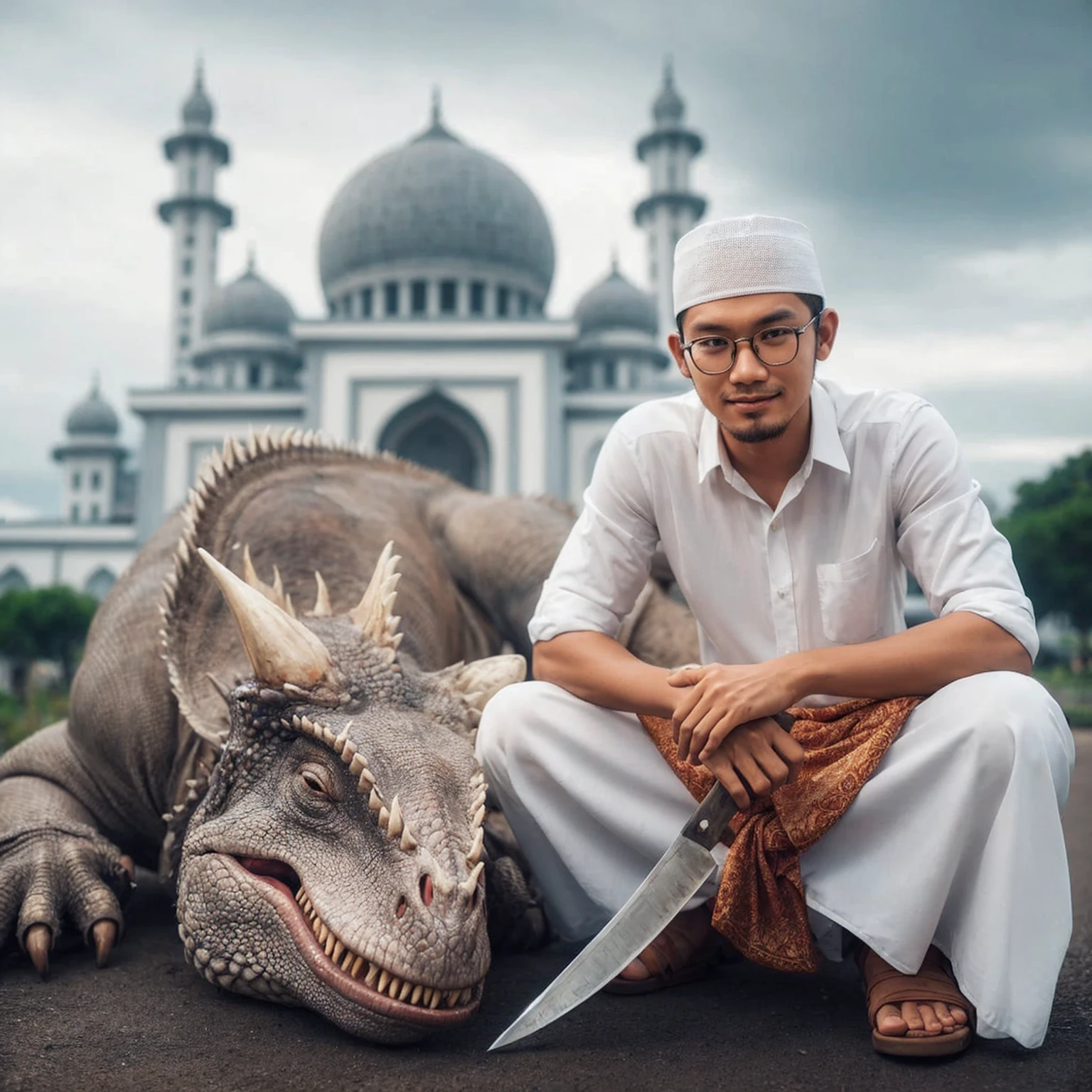 Outdoor photography of an Indonesian man. A 30-year-old Indonesian man with a smooth face, slightly chubby, thin smile, wearing glasses, a white kopiah, white shirt, and sarong, holding a machete, squatting next to a sleeping tyrannosaurus, with a large mosque in the background. Captured by a Sony camera, good lighting.