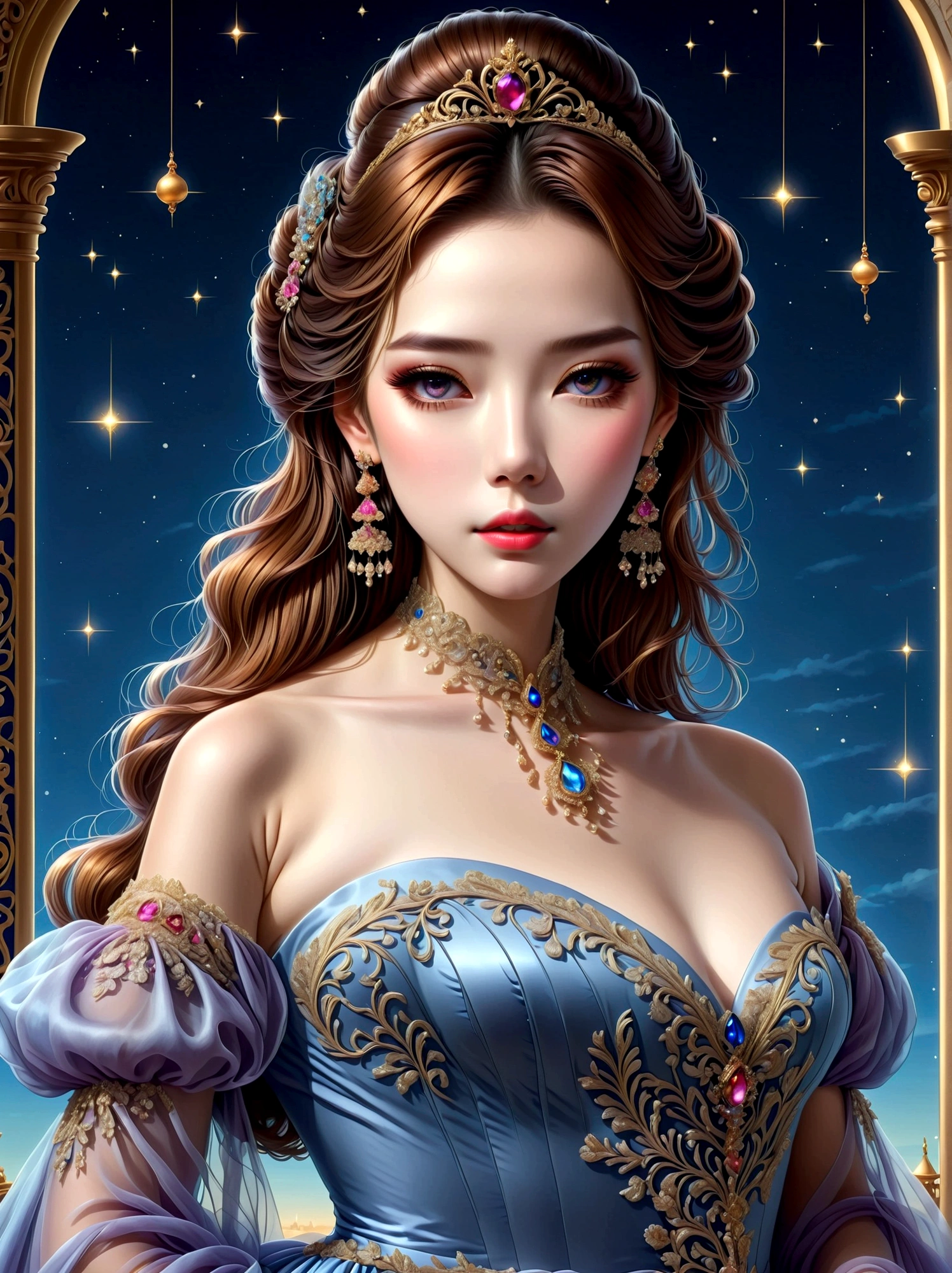 ((masterpiece))，Best quality，absurd，Ultra Detailed，(whole body:1.5)，Golden Ratio，Super cute and beautiful Asian idol girl，Very beautiful violet bright eyes，Beautiful colorful shiny brown hair，High Ponytail，good body shape，fit，Perfect body，(Wearing a stately and exquisite royal Cinderella court evening gown:1.5)，With huge puff sleeves and hourglass waist，adorned with bows，Embroidery and jewelry，Long white gloves，pearl necklace and earrings，Beautiful hair accessories，Dark theme elements, Pencil Sketch