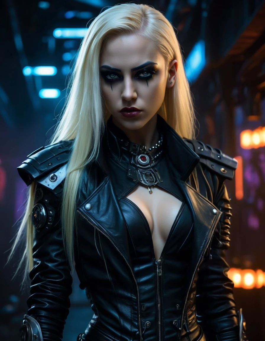 very attractive 25 year old girl with long platinum blonde hair, Portrait of Chronicles of Riddick Necromonger woman, full body, heavy goth makeup, leather portrait, dark chiaroscuro gothic cyberpunk city background, photorealistic dark concept art, Gothic Babylonian (cyberpunk) maiden,  angry gorgeous gothic cyberpunk , dark fantasy science fiction, hyperdetailed fantasy character, fantasy concept art portrait, cyberpunk horror style, dark fantasy character design, 4k concept art and hyper realism, glowing LED lights, very realistic