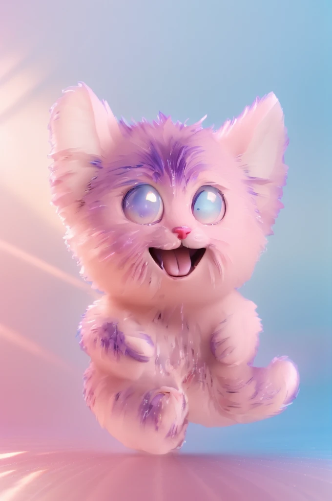 The image features asuper fluffy cute pink cartoon cat with large expressive eyes and a cheerful smile, standing against a blue background, chubby cat, fluffy cat, pink cat, shiny pink cat, super fluffy 3d pink cat with bright gradient reflections, beeple and jeremiah ketner, adorable digital painting, 3 d icon for mobile game, 3 d littlest pet shop cat, cat cat dreamcats, cat from the void, normal map, cute detailed digital art, cats cat dreamcats, cat. digital painting, cute 3 d render, multiple light sources, rim light, sharp post effects render, (fluffy fur texture with multiple big light probe refractions), perfect cgi, cgi art, smooth silhouette, high intensity refraction, (mesh material), most beautiful vfx, blue background, mesh refractions. It in 4k resolution, allowing viewers to immerse themselves in the richness of the colors and intricate details. The realistic rendering. under the spotlight, reflecting, high-resolution image, realistic rendering, dark background, and rim light photorealistic, The background is black