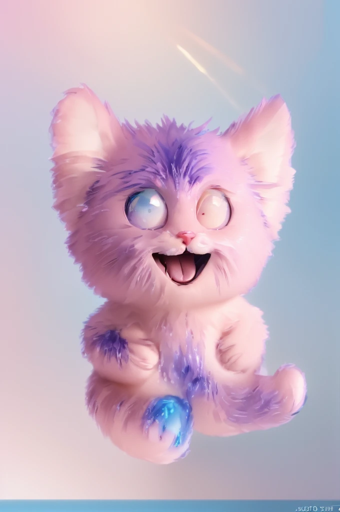   The image features asuper fluffy  cute pink cartoon cat with large expressive eyes and a cheerful smile, standing against a blue background, chubby cat, fluffy cat, pink cat, shiny pink cat, super fluffy 3d pink cat with bright gradient reflections,  beeple and jeremiah ketner, adorable digital painting, 3 d icon for mobile game, 3 d littlest pet shop cat, cat cat dreamcats, cat from the void, normal map, cute detailed digital art, cats cat dreamcats, cat. digital painting, cute 3 d render, multiple light sources, rim light, sharp post effects render, (fluffy fur texture with multiple big light probe refractions), perfect cgi, cgi art, smooth silhouette, high intensity refraction, (mesh material), most beautiful vfx, blue background, mesh refractions. It in 4k resolution, allowing viewers to immerse themselves in the richness of the colors and intricate details. The realistic rendering. under the spotlight, reflecting, high-resolution image, realistic rendering, dark background, and rim light photorealistic, The background is black