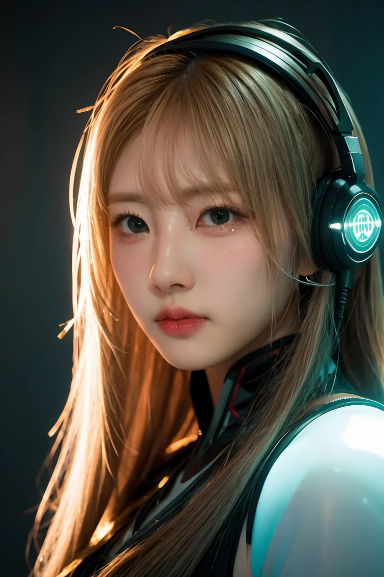 girl with long green hair, green eyes, futuristic vibes, mask on mouth, headphones, 8k, high quality, simple background, glowing eyes, nice pose