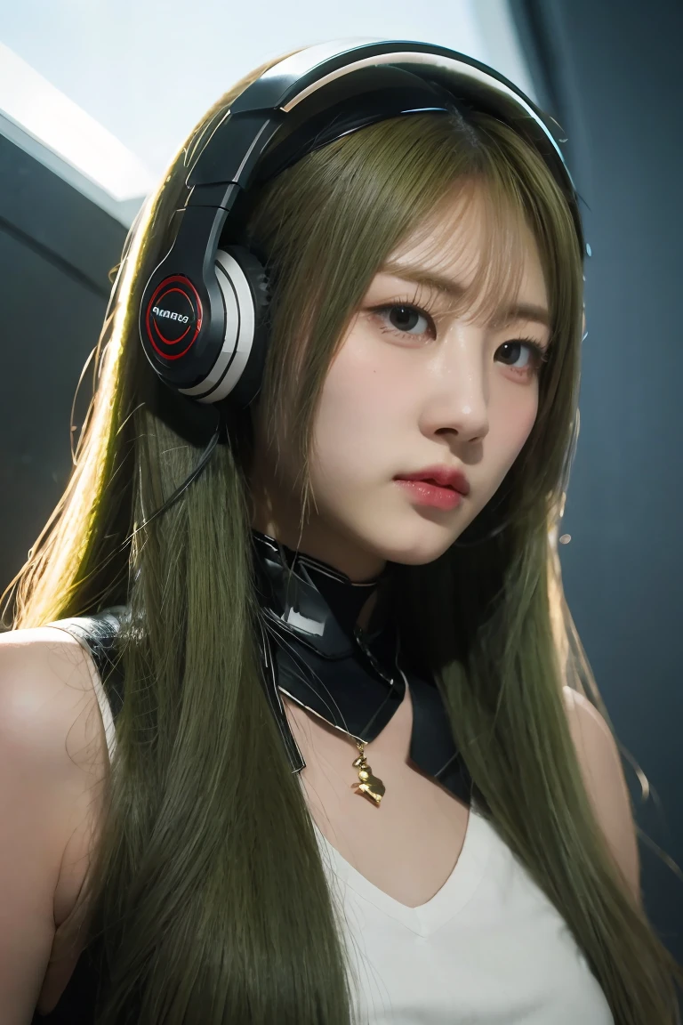 girl with long green hair, green eyes, futuristic vibes, mask on mouth, headphones, 8k, high quality, simple background, glowing eyes, nice pose