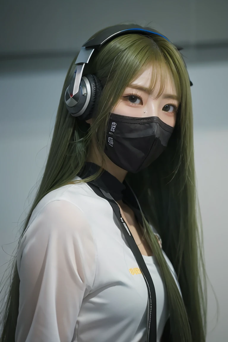 girl with long green hair, green eyes, futuristic vibes, mask on mouth, headphones, 8k, high quality, simple background, glowing eyes, nice pose