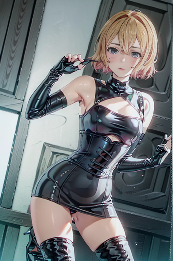 BDSM、Queen、mistress、(((One girl)))、solo、(((Black latex elbow gloves:1.4 )))、(((Black latex corset dress:1.4)))、(((The corset dress is decorated with beautiful lace.)))、(((Corset dress with shoulder straps)))、(((Black latex tight mini skirt:1.4)))、(((Black Thigh Boots)))、(((Black fishnet stockings:1.2 )))、(((Stiletto heels:1.4)))、(((Black latex panties)))、(((Black latex bra)))、(((Black leather collar)))、(((Sexy pose:1.4 )))、Wide-open legs:1.2、(((Erotic)))、(((Cowboy Shot)))、(((Sexy pose)))、Spread your legs、(((erotic)))、(((Cowboy Shot)))、Thin thighs、Slim figure、Style like a fashion model、Are thin、Anatomically perfect body、Two perfect anatomical arms、Two perfect anatomical legs、Detailed face、Detailed eyes、(((Blue Eyes)))、((( Blonde short hair)))、(masterpiece, Highest quality, Very detailed), 1 Girl, Staring at the audience、 Are standing、Expressionless、Sulky face、blush