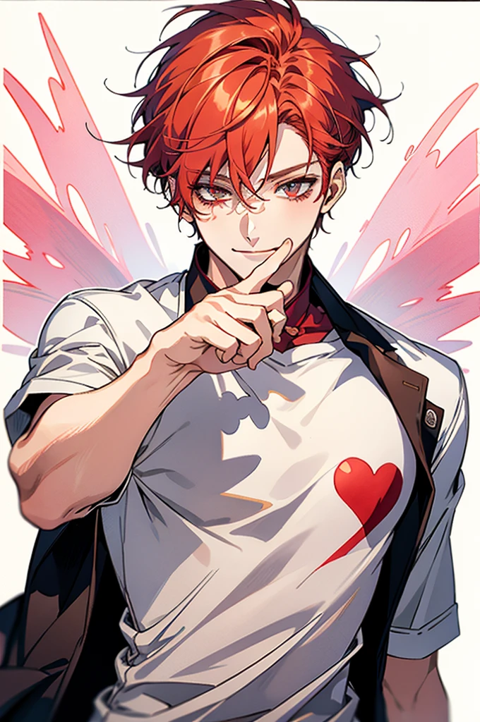 Bright red hair,short hair,clear line drawing, transparent watercolor, clear shading, beautiful young man, slim,finger heart, Fashionable everyday wear, convey love, inner strength, loves it,high quality, Amount to draw, pixiv illustration,smile, {{{man make heart symbol with fingers,make heart symbol with index fingers and middle fingers}}},
