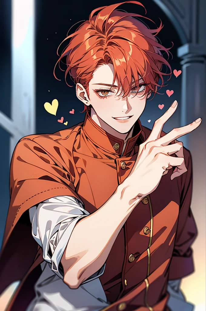 Bright red hair,short hair,clear line drawing, transparent watercolor, clear shading, beautiful young man, slim,finger heart, Fashionable everyday wear, convey love, inner strength, loves it,high quality, Amount to draw, pixiv illustration,smile, {{{man make heart symbol with fingers,make heart symbol with index fingers and middle fingers}}},