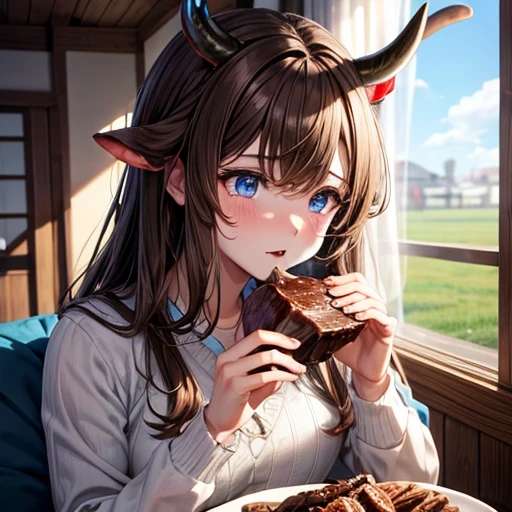 Brown-haired minotaur eating beef Blue-eyed young man Cow horn Cow earless