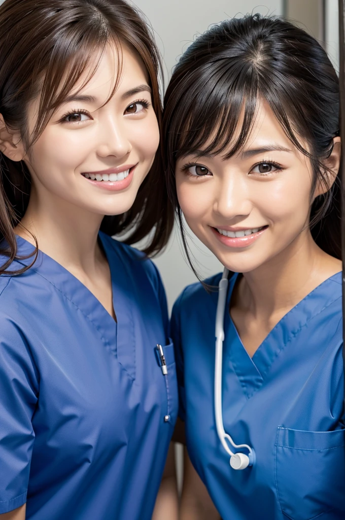Dental hygienist, only two women Side by side, smiling, wearing brown medical scrubs Brown, short sleeves, cute, Japanese, black hair, female, early 20s Upper body close-up high resolution Highest quality Don't press your face too much Shortcuts