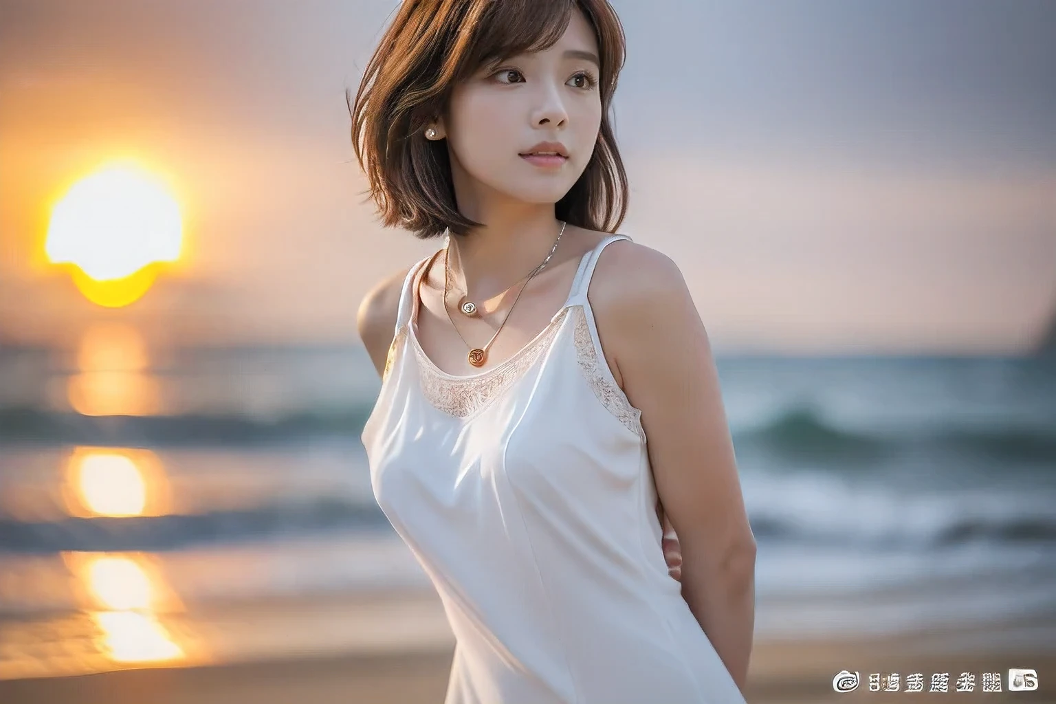 (Not looking at the camera、Beautiful profile looking into the distance:1.5)、(Sitting on the beach with my knees hugged:1.5)、(Profile of a woman looking at the beautiful sunset over the sea、18-year-old female:1.5)、(The best quality at its best:1.4), (Super detailed), (Very detailed CG unified 16k), Beautiful woman with perfect figure: 1.4, Sharp focus: 1.2, Very detailed, High-quality RAW color photos, Professional photography, Great face and eyes, cosmetics, (Amazingly beautiful girl), ((Summer white dress:1.5)), Realistic movie faces, Full body long view from head to toe, Realistic, ((Realistic natural orange red hairstyle)), ( Short Bob Hair:1.5), (necklace:1.5)、, Very beautiful face, Perfect model beauty, Mouth swelling, Highly detailed face and skin texture, Fine grain, double eyelid, Medium chest, (masterpiece), Highest quality, High resolution, Very detailed, Blurred Background, Depth of written boundary, Cinema Lighting, Great legs, , Clear, well-maintained skin,((Full body shot from head to toe:1.5))