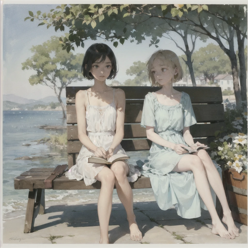 Exquisite (slim (skinny)) Girl 16 years old (with a perfect, very beautiful gentle face and almond-shaped eyes) (with a southern skin tone and soft lips) (with short amber hair) (with freckles) (in a light summer green sundress) ((barefoot)) (on the pier on a bench) (Reading a book) (Under a flowering tree), (there is a small old travel suitcase on the ground nearby), soft amber evening light, warm sun, gentle waves, mint and peach shades; draw ((in watercolor style)); ((very beautiful exquisite face)); (high image quality, high detail), ((discreet faded shades, pale expressionless colors, imitation of film photography, diffused soft light)); ((big alien eyes), skinny); ((delicate shades)), ((beautiful exquisite feet))