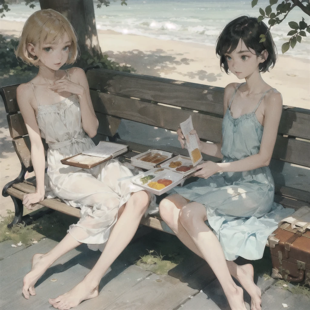 Exquisite (slim (skinny)) Girl  (with a perfect, very beautiful gentle face and almond-shaped eyes) (with a southern skin tone and soft lips) (with short amber hair) (with freckles) (in a light summer green sundress) ((barefoot)) (on the pier on a bench) (Reading a book) (Under a flowering tree), (there is a small old travel suitcase on the ground nearby), soft amber evening light, warm sun, gentle waves, mint and peach shades; draw ((in watercolor style)); ((very beautiful exquisite face)); (high image quality, high detail), ((discreet faded shades, pale expressionless colors, imitation of film photography, diffused soft light)); ((big alien eyes), skinny); ((delicate shades)), ((beautiful exquisite feet))