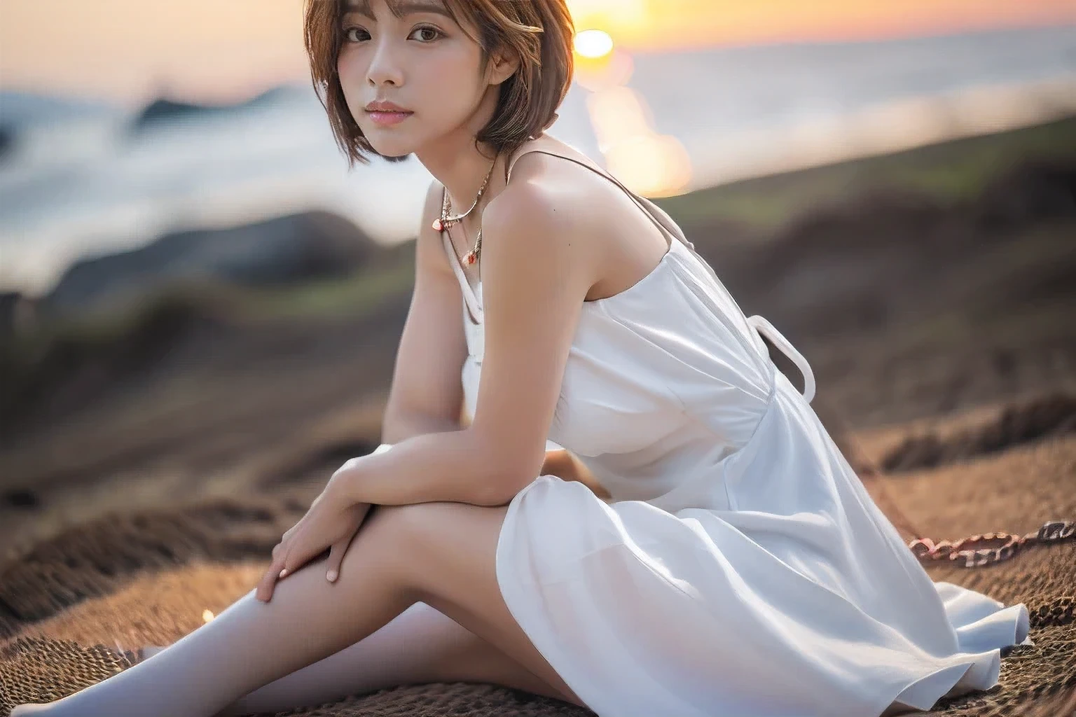 (Not looking at the camera、Beautiful profile looking into the distance:1.itting on the beach with my knees hugged:1.5)、(Profile of a woman looking at the beautiful sunset over the sea、18-year-old female:1.5)、(The best quality at its best:1.4), (Super detailed), (Very detailed CG unified 16k), Beautiful woman with perfect figure: 1.4, Sharp focus: 1.2, Very detailed, High-quality RAW color photos, Professional photography, Great face and eyes, cosmetics, (Amazingly beautiful girl), ((Summer white dress:1.5)), Realistic movie faces, Full body long view from head to toe, Realistic, ((Realistic natural orange red hairstyle)), ( Short Bob Hair:1.5), (necklace:1.5)、, Very beautiful face, Perfect model beauty, Mouth swelling, Highly detailed face and skin texture, Fine grain, double eyelid, Medium chest, (masterpiece), Highest quality, High resolution, Very detailed, Blurred Background, Depth of written boundary, Cinema Lighting, Great legs, , Clear, well-maintained skin,((Full body shot from head to toe:1.5))