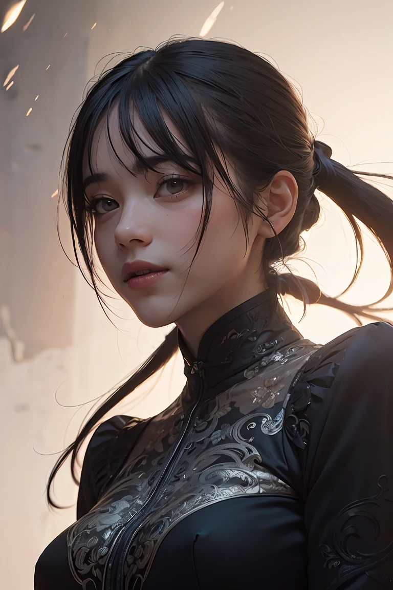 ((masterpiece, best quality)), ultra detailed 8k, photorealistic, sharp focus, highly detailed, professional lighting , shadowmancer, photo of a woman, ink particle, ((swirling black ink floating around)), futuristic fantasy, futuristic black dress, dynamic pose, realistic, masterpiece, intricate details, detailed background, depth of field,