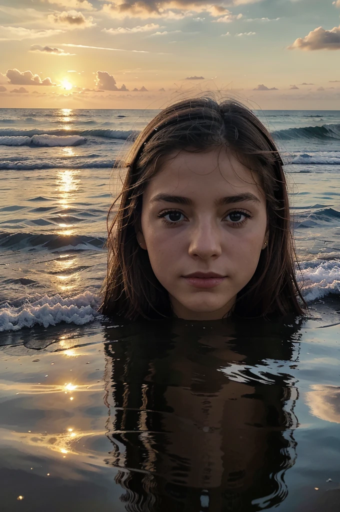 (Ultra-detailed, high resolucion, Masterpiece:1.2), Realstic, Hdr, professionnel, Couleurs vives, Beach & Ocean, portrait, Fille de 13 ans, cheveux longs, Contempler le coucher de soleil, Prise de vue du corps entier, golden hour, tons chauds, Vagues douces, Rivage sablonneux, Serene atmosphere, Clouds of cotton candy, Reflection on water, brise douce, innocence, joie, exploration, imagination, bonheur, tranquility