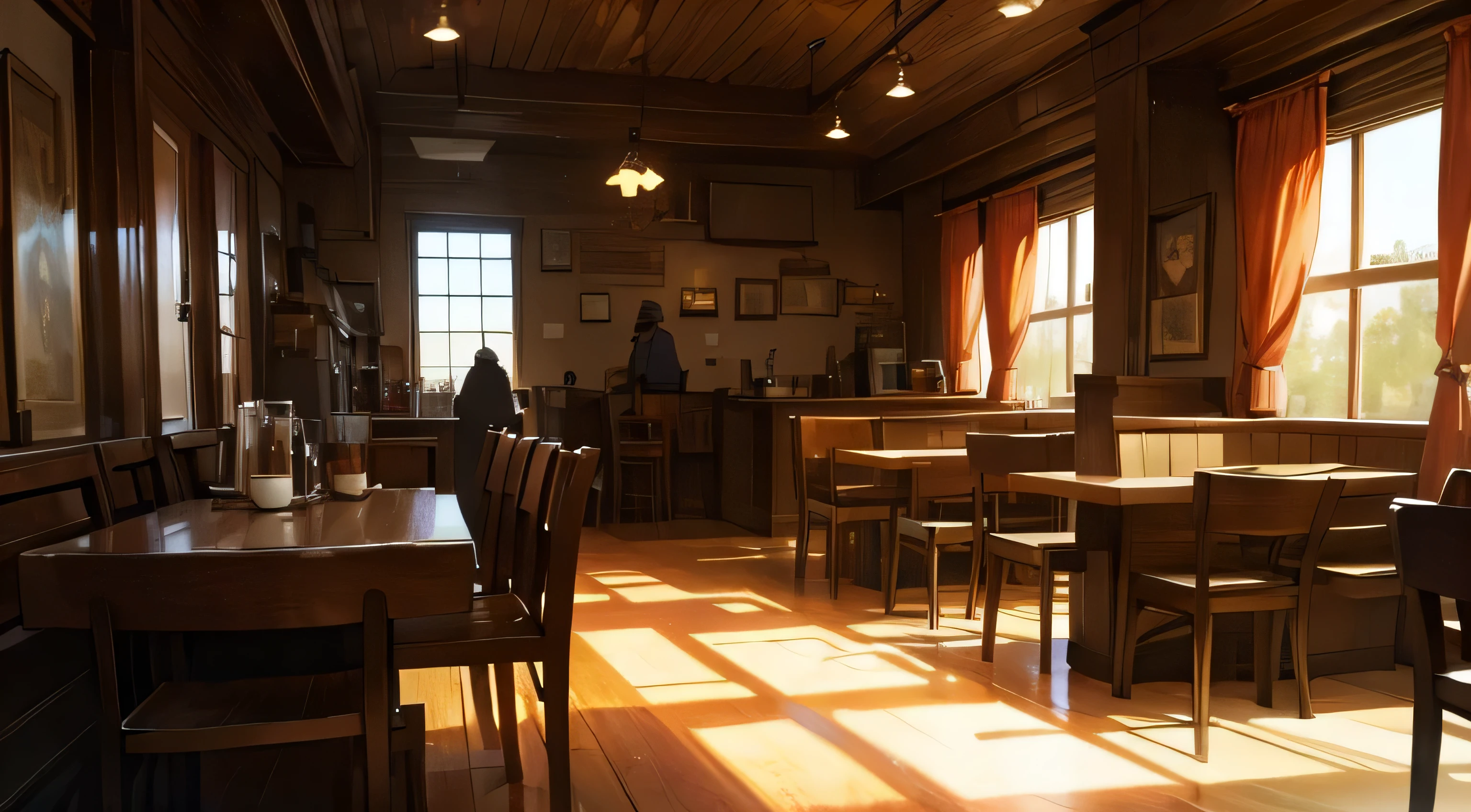 Coffee is served in a fantastical Western-style cafe with no one around.