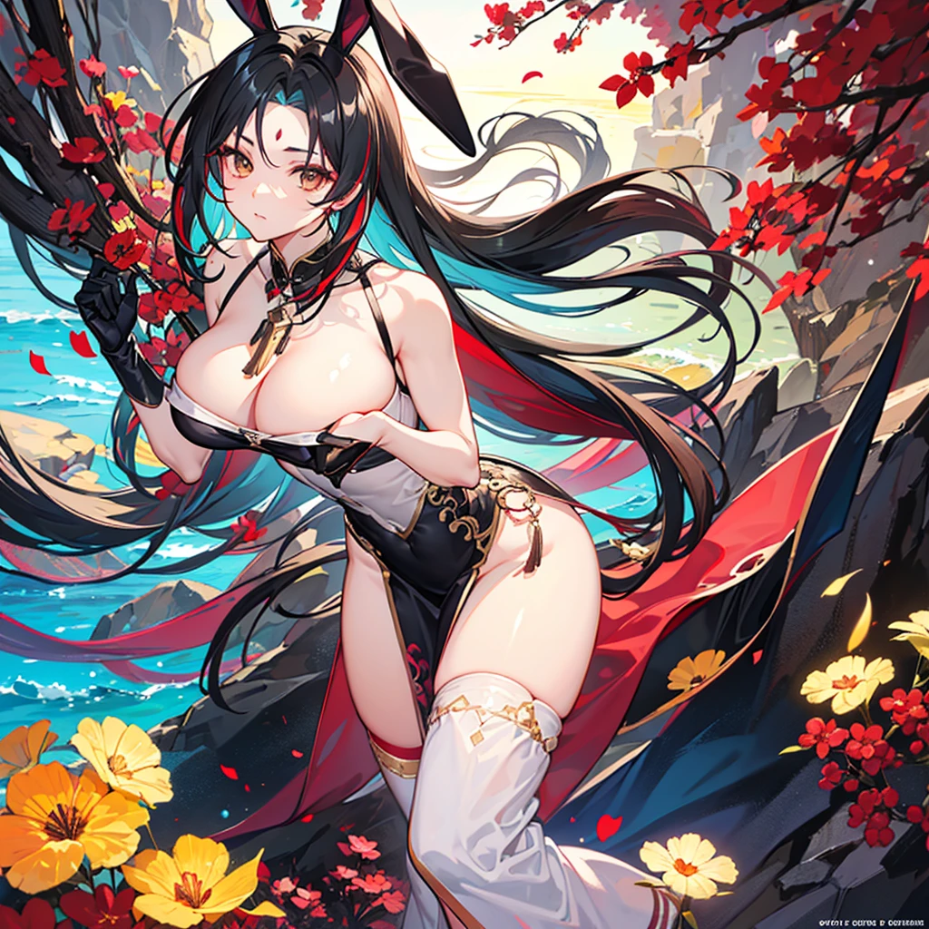 (((best quality))), ((ultra-detailed)), ((an extremely delicate and beautiful)), ((16k)), realistic, hd, cgi, gleaming hair, gleaming skin, gleaming dress, Character focus, solo, stylish pose, strong light coming in, sharp focus, illustration, game cg, anime, solo, curvy, (big breasts:1.3), forehead, ( Chinese Lace Up Cheongsam Open Chest Bodycon Dress High Slit Qipao mini), faste collarbone, (belly:0.9), standing, leaning forward, hand reaching viewer, looking at viewer, ocean, flower hair ornament, accessories, backlighting, shiny skin, shiny body, chibi, gloves, necklace, jewelry, black-brown hair, bead necklace, red faded into black colored hair, brown eyes, long hair, black bunny ears, red ubre hair, red black hair, more red hair streaks, smaller dress,