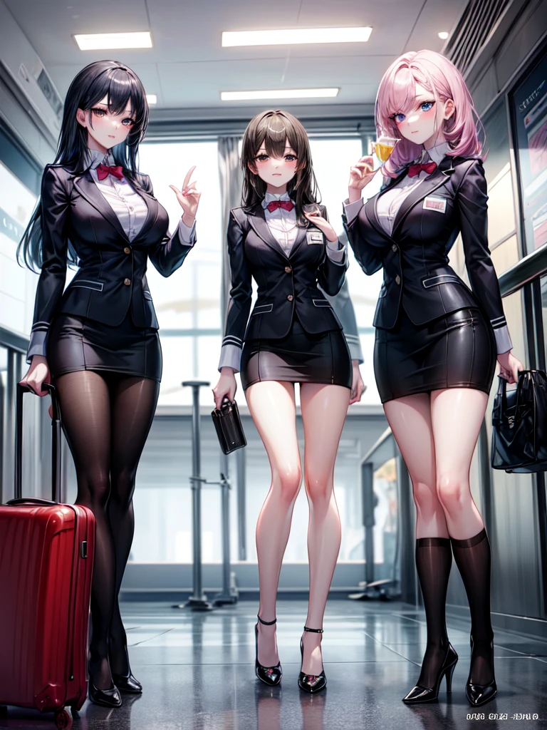 masterpiece, Highest quality, Official Art, Very detailed, Perfect hands, Perfect Eyes, Three Girls, flight attendant, Various uniforms, Tight uniform, High heels, airport