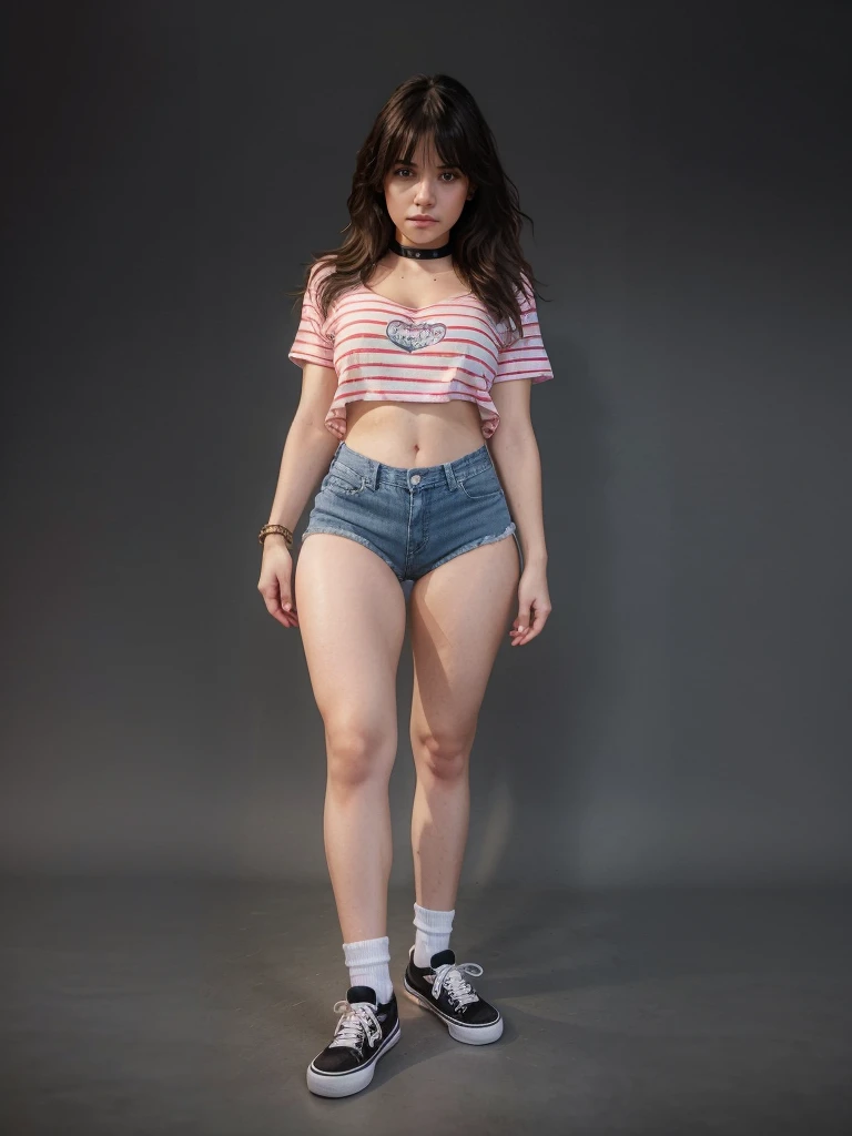 girl y realistic, fringe hair realistic, face sweet realistic wearing realistic t-shirt, realistic shorts denim, realistic ankle white socks, realistic vans shoes uses choker and bracelets realistic details.