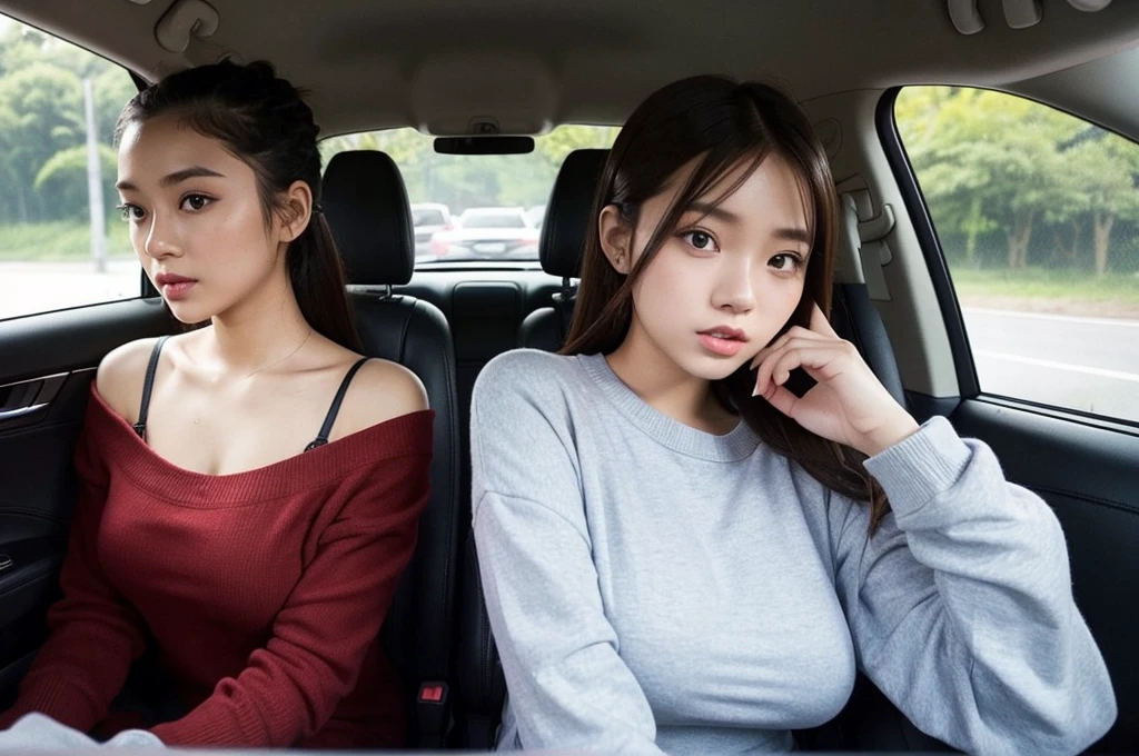 Indonesian girl 19-year-old Hairstyle Casual, F Cup Breasts wearing crewneck dress in car amd driving the car with her friend, they are scared because there are thugs who want to do carjacking and they in car increasingly scared 