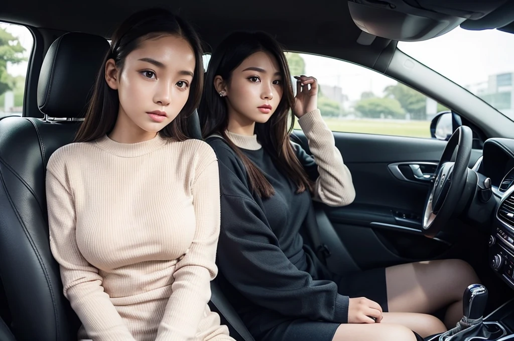 Indonesian girl 19-year-old Hairstyle Casual, F Cup Breasts wearing crewneck dress in car amd driving the car with her friend, they are scared because there are thugs who want to do carjacking and they in car increasingly scared