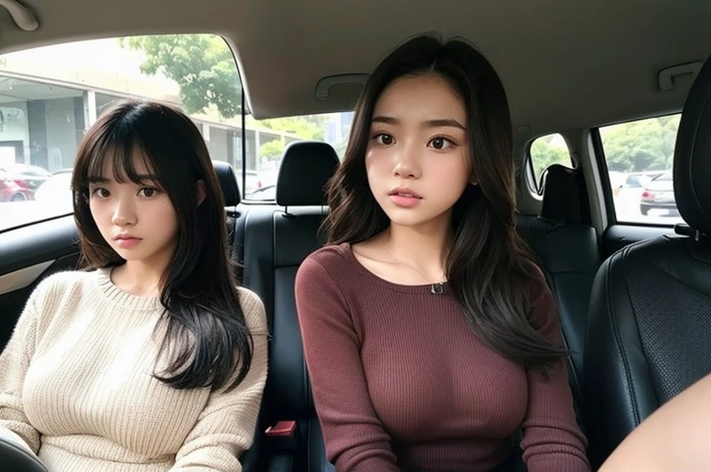 Indonesian girl 19-year-old Hairstyle Casual, F Cup Breasts wearing crewneck dress in car amd driving the car with her friend, they are scared because there are thugs who want to do carjacking and they in car increasingly scared