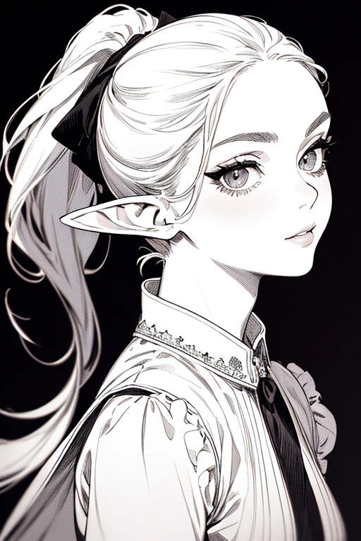 Prima, top quality, (background fine detail), high contrast, one beautiful woman, white sundress, elf, pompous, branded ponytail, head close-up, black background, (black background: 1.5), clean line drawing