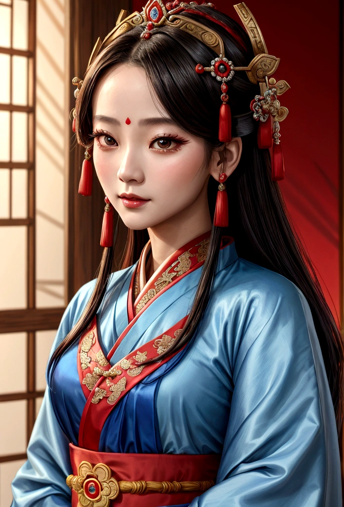 Close up of woman in blue and red dress, Palace ， a girl in Hanfu, Hanfu, wearing ancient Baekje clothes, Baekje style, ancient Baekje princess, Works inspired by Lan Ying, Baekje princess, beautiful fantasy empress, Princess of an ancient Asian dynasty, Three Kingdoms Costume, Beautiful expression of the Tang Dynasty, Inspired by Qiu Ying, wearing ancient Baekje clothes