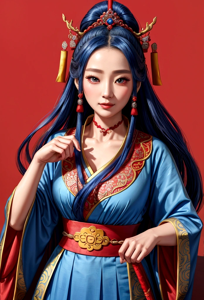 Close up of woman in blue and red dress, Palace , a girl in Hanfu, Hanfu, wearing ancient Baekje clothes, Baekje style, ancient Baekje princess, Works inspired by Lan Ying, Baekje princess, beautiful fantasy empress, Princess of an ancient Asian dynasty, Three Kingdoms Costume, Beautiful expression of the Tang Dynasty, Inspired by Qiu Ying, wearing ancient Baekje clothes