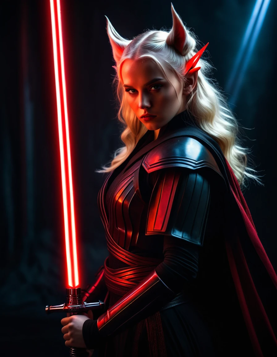 very attractive 25 year old girl with long platinum blonde hair, (full body shot:1.4), female warrior, sith lord, star ears, red lightsaber, intricate details, dramatic lighting, dark fantasy, chiaroscuro, cinematic composition, dramatic pose, dynamic action, moody atmosphere, deep shadows, vibrant colors, photorealistic, 8k, masterpiece, very realistic
