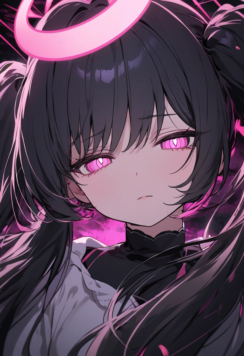 Deep pink eyes with pink pupils, Half-closed eyes, Black hair twin tails。She has an angel halo, Pink and black minefield