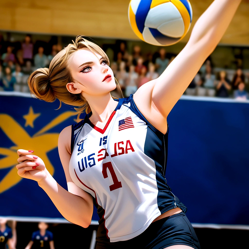 A woman wearing a white and blue shirt and black shorts playing volleyball, Wearing a volleyball jersey, female beach volley player, erika ikuta, Yulia Nevskaya, Hole in the Motto, Maya Takamura, alina ivanchenko, usa volleyball, marin kitagawa, Nishimiya Shoko, Victoria Gavrilenko, It's bittersweet