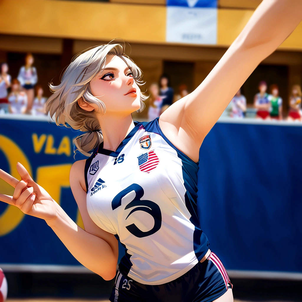 A woman wearing a white and blue shirt and black shorts playing volleyball, Wearing a volleyball jersey, female beach volley player, erika ikuta, Yulia Nevskaya, Hole in the Motto, Maya Takamura, alina ivanchenko, usa volleyball, marin kitagawa, Nishimiya Shoko, Victoria Gavrilenko, It&#39;s bittersweet