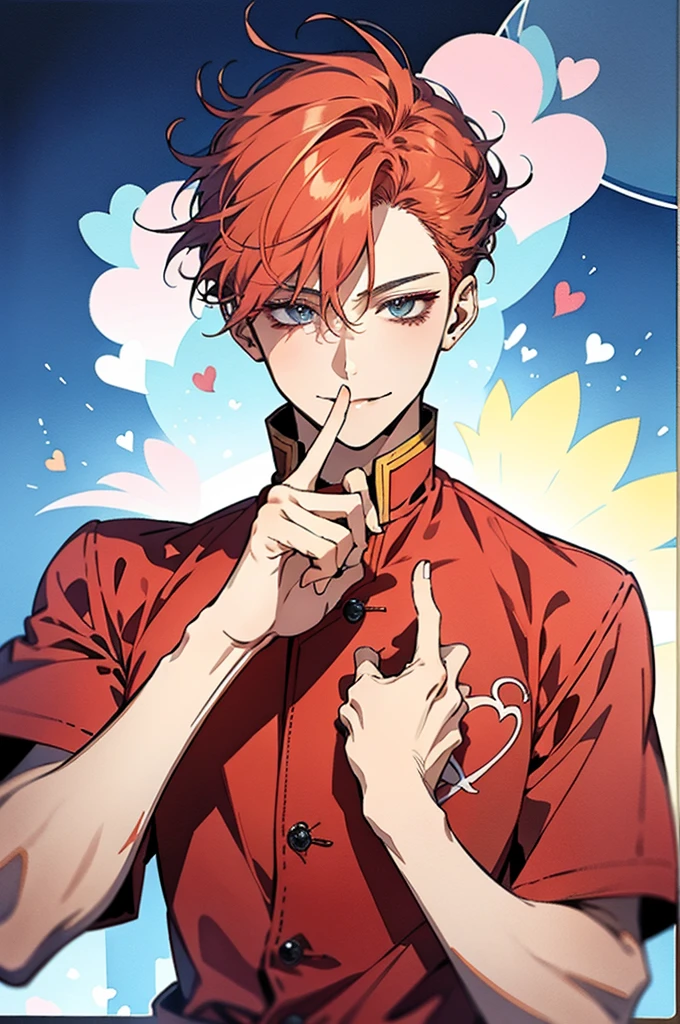 Bright red hair,short hair,clear line drawing, transparent watercolor, clear shading, beautiful young man, slim,finger heart, Fashionable everyday wear, convey love, inner strength, loves it,high quality, Amount to draw, pixiv illustration,smile, {{{man make heart symbol with fingers,make heart symbol with index fingers and middle fingers}}},