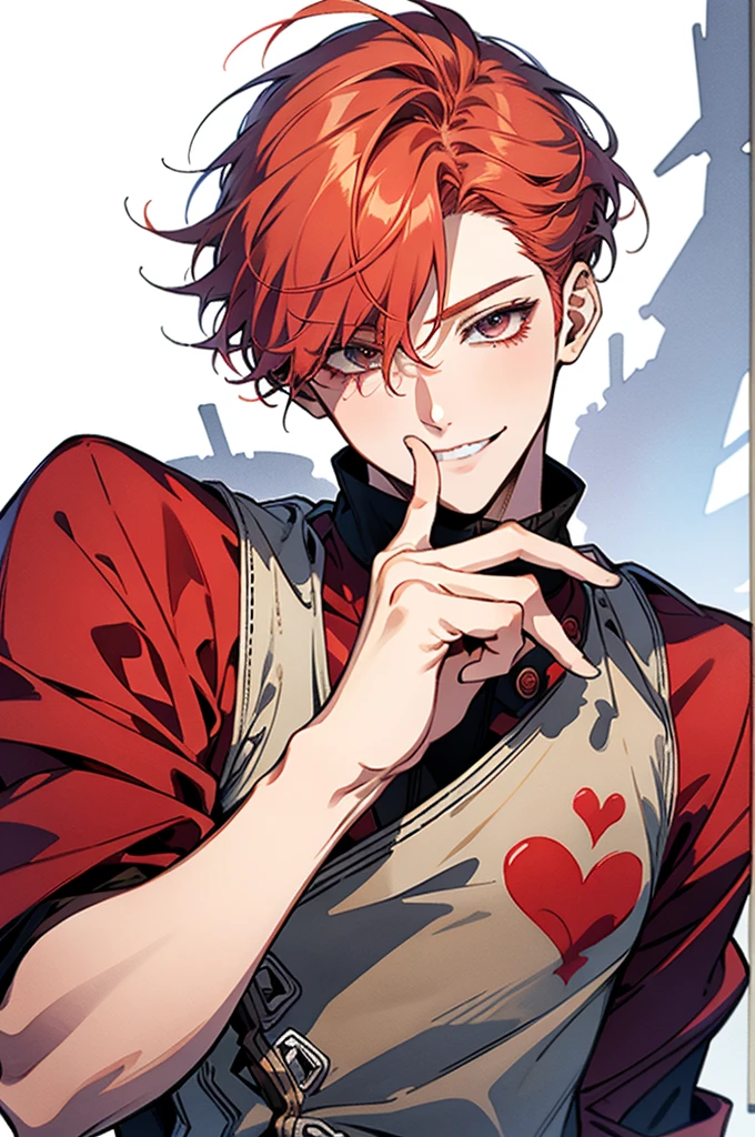 Bright red hair,short hair,clear line drawing, transparent watercolor, clear shading, beautiful young man, slim,finger heart, Fashionable everyday wear, convey love, inner strength, loves it,high quality, Amount to draw, pixiv illustration,smile, {{{man make heart symbol with fingers,make heart symbol with index fingers and middle fingers}}},